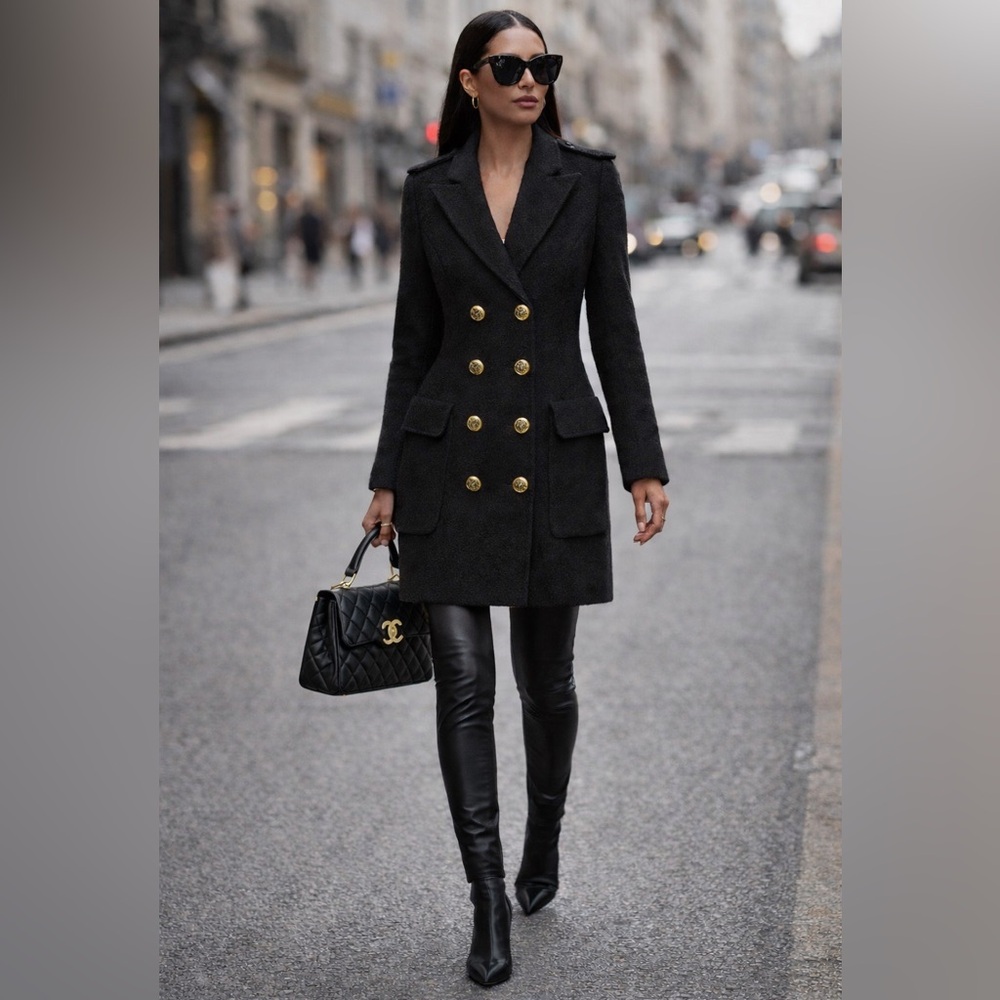 Smythe Double Breasted Boiled Virgin Wool Black Coat with Gold Buttons Size M
